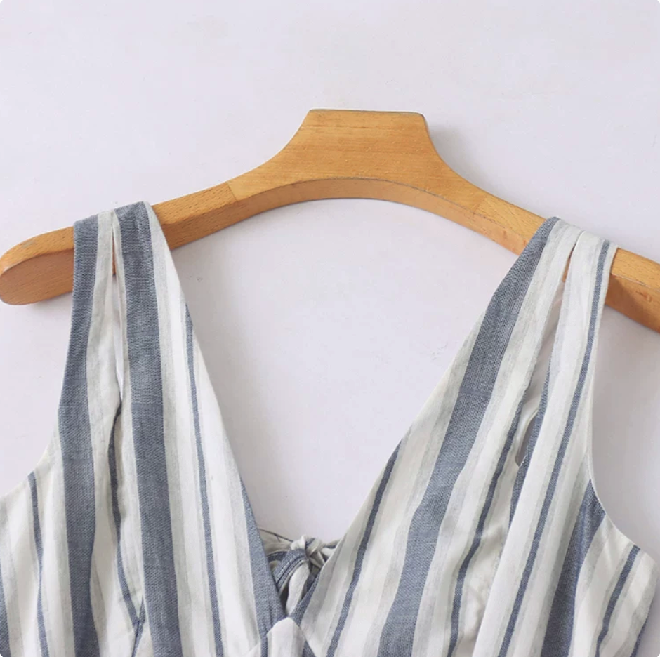 Lace Trim Square Neck Striped Midi Dress