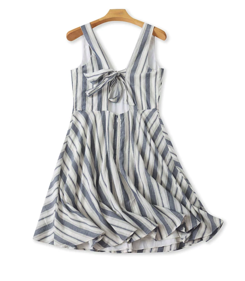 Lace Trim Square Neck Striped Midi Dress