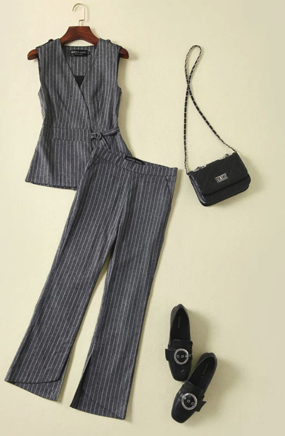 Pinstripe Sleeveless Blouse & Wide-Leg Pants Set