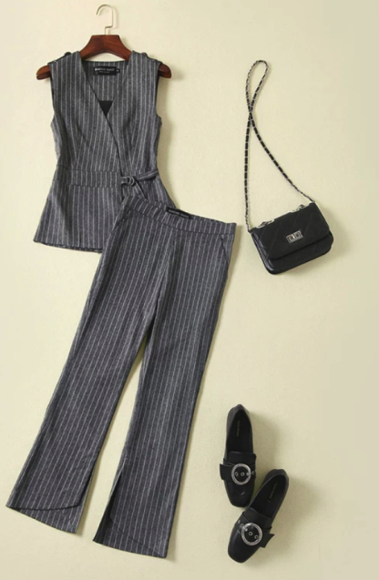 Pinstripe Sleeveless Blouse & Wide-Leg Pants Set