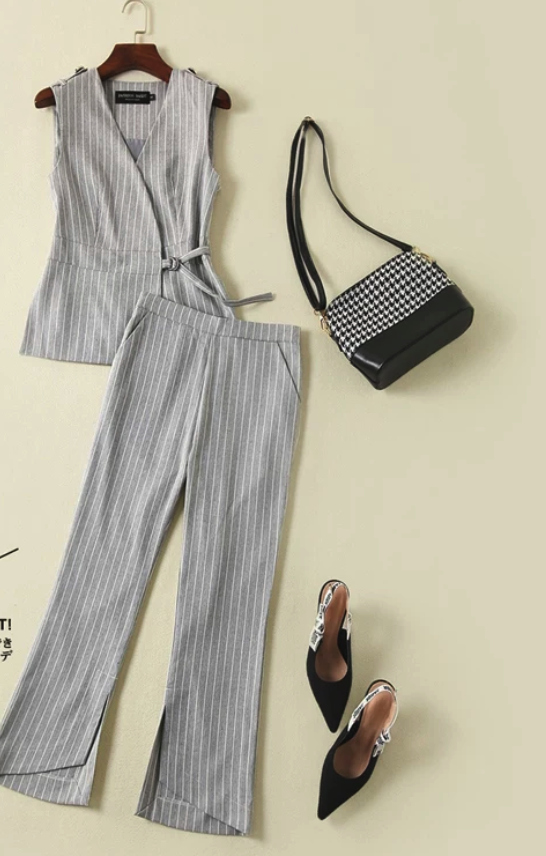 Pinstripe Sleeveless Blouse & Wide-Leg Pants Set