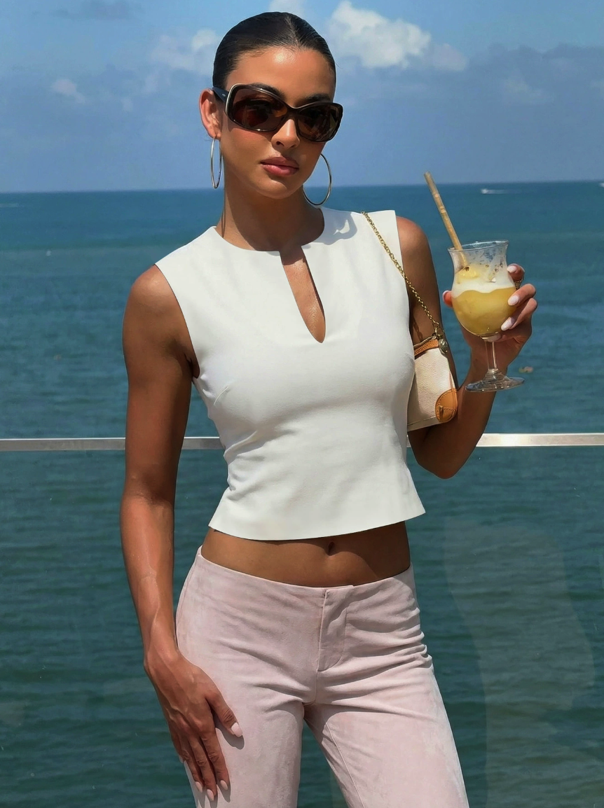 Ribbed Knit Notch Neck Tank Top