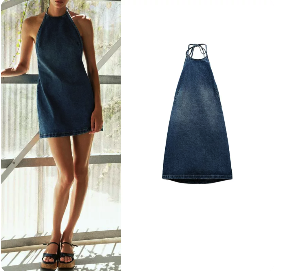 Halter Neck Buckle Detail Denim Dress