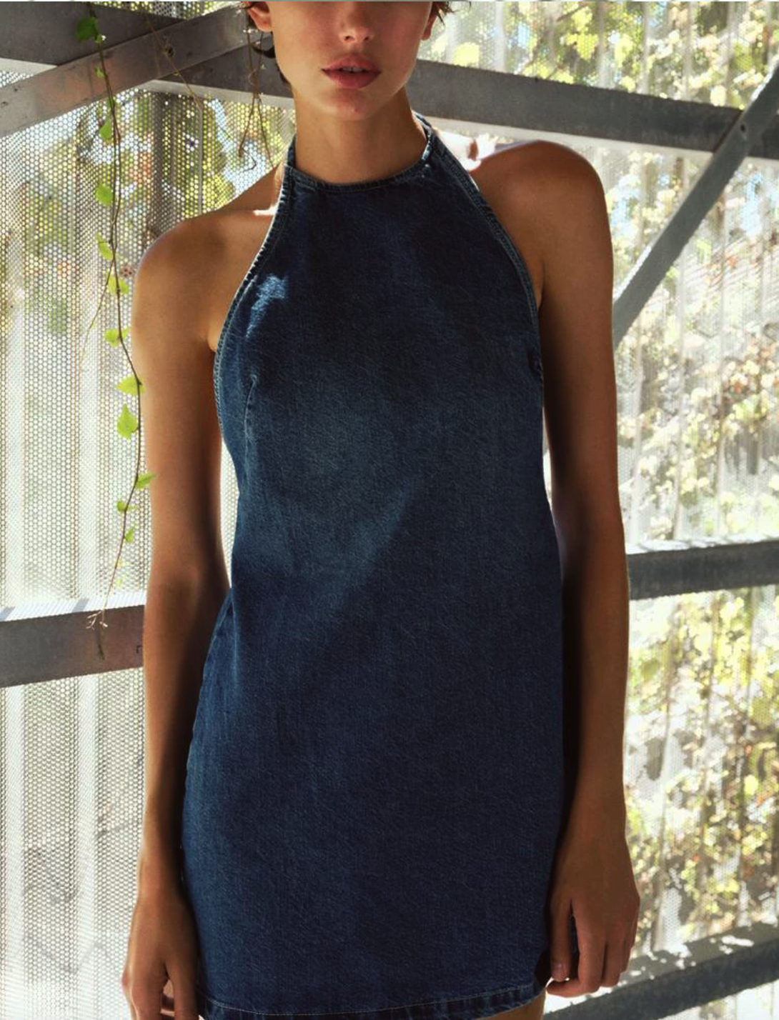 Halter Neck Buckle Detail Denim Dress