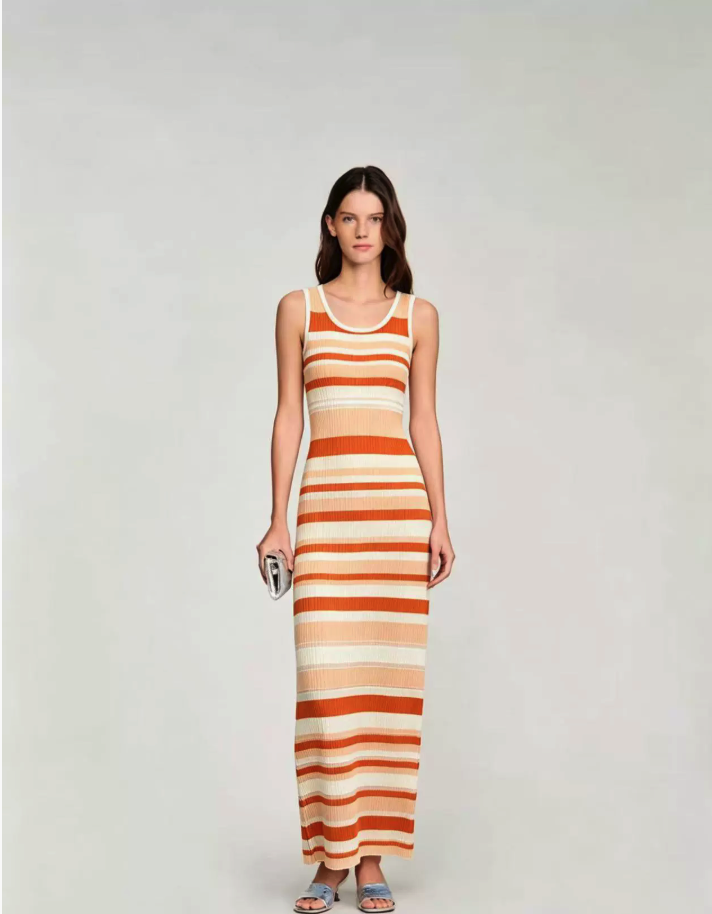 Halter Colorful Stripe Knit Maxi Dress