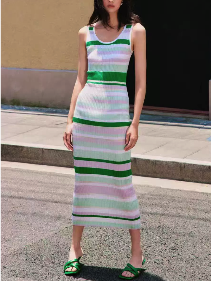 Halter Colorful Stripe Knit Maxi Dress
