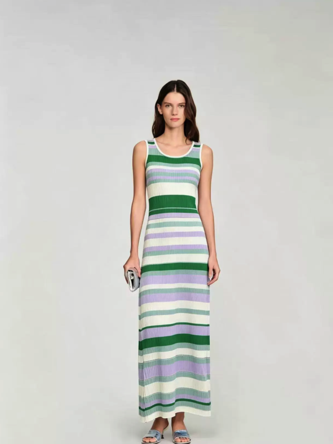 Halter Colorful Stripe Knit Maxi Dress