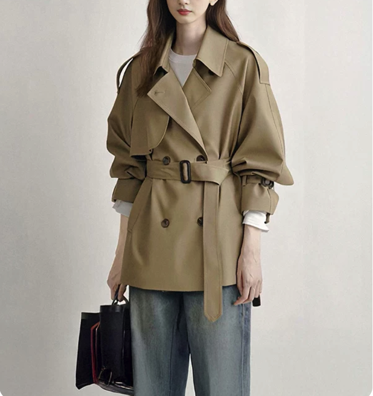 Khaki Double-Breasted Belted Short Trench Coat