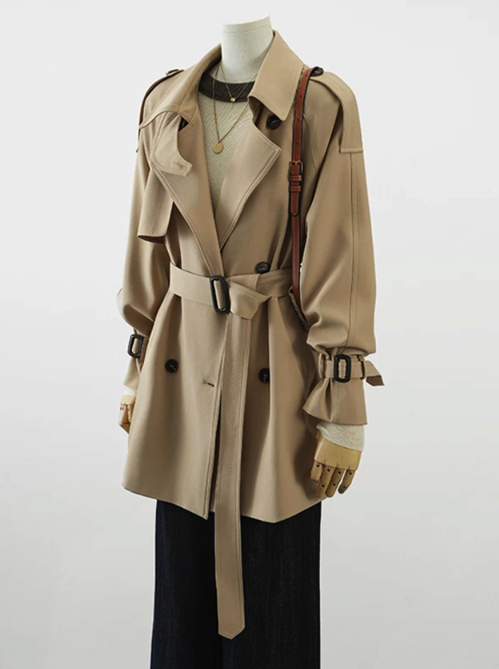 Khaki Double-Breasted Belted Short Trench Coat