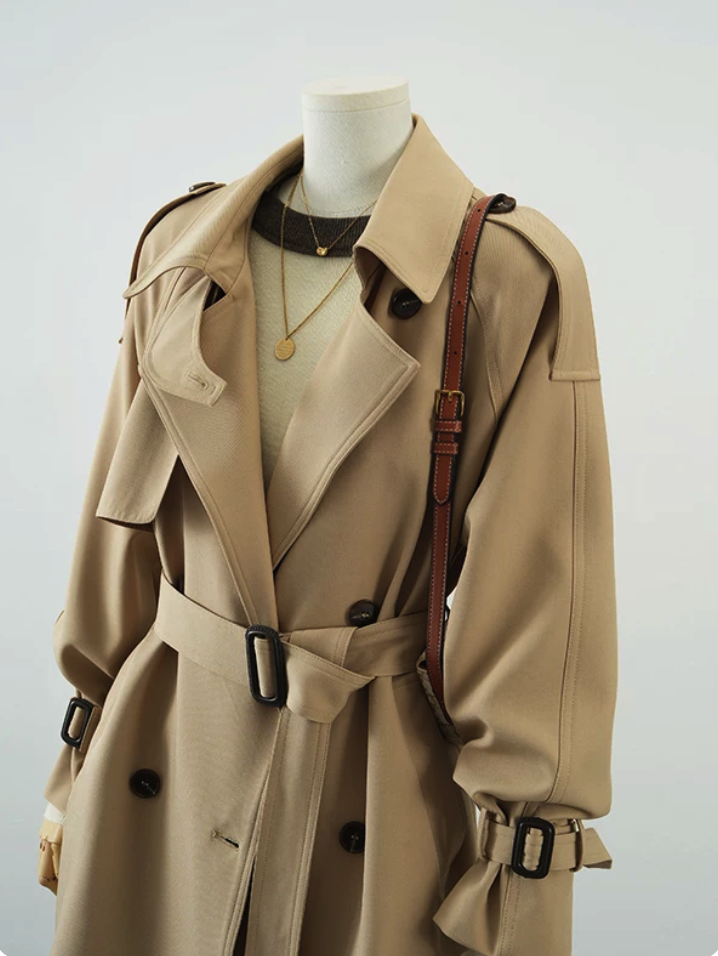 Khaki Double-Breasted Belted Short Trench Coat