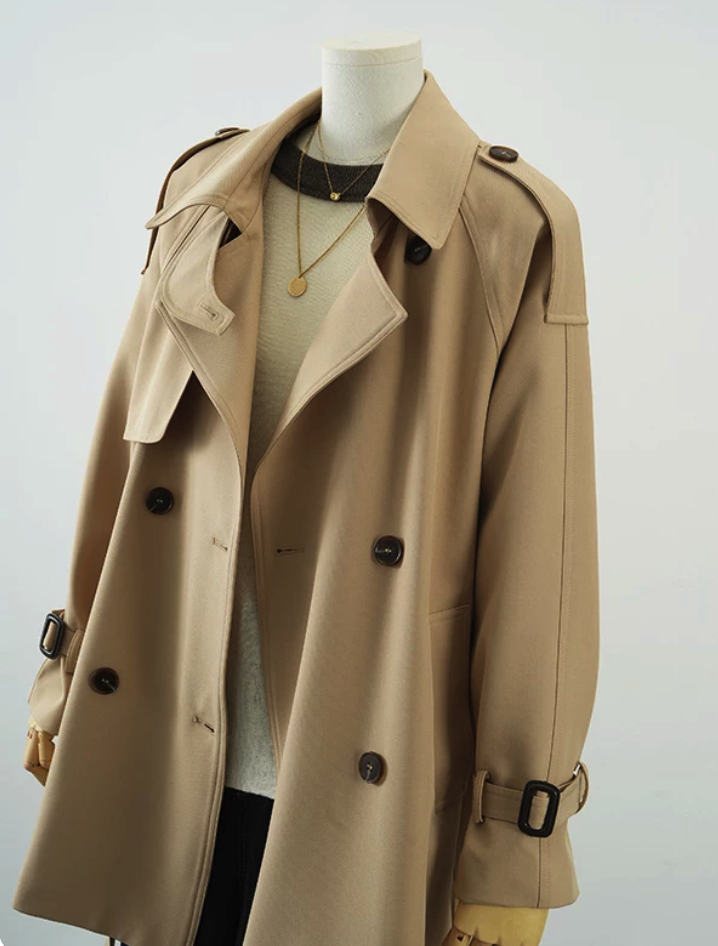 Khaki Double-Breasted Belted Short Trench Coat