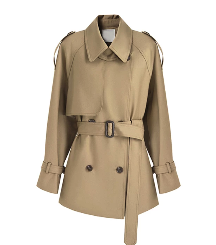 Khaki Double-Breasted Belted Short Trench Coat