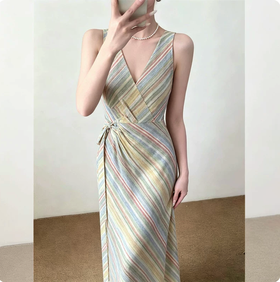 Colorful Stripe Halter Tie-Back Maxi Dress