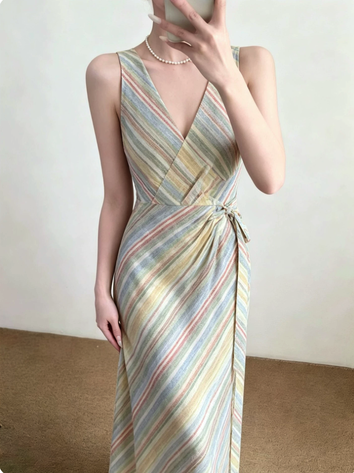 Colorful Stripe Halter Tie-Back Maxi Dress