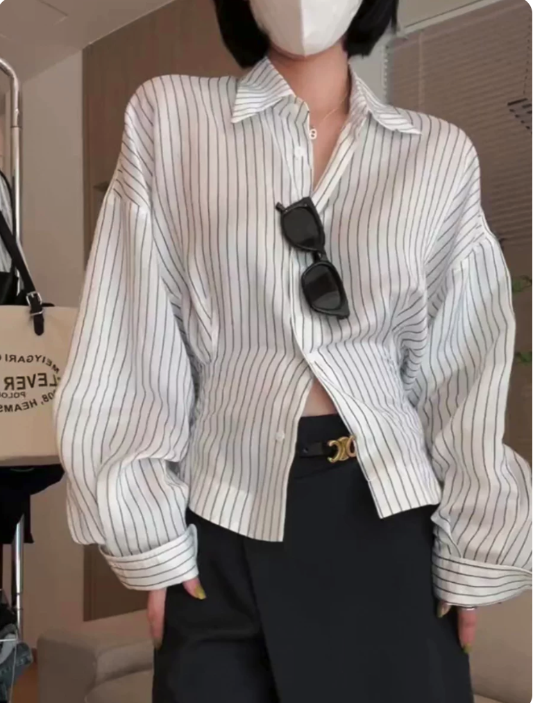 Striped Lace Panel Cotton Linen Blouse