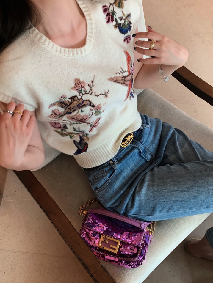 Embroidered Floral Bird Knit Vest