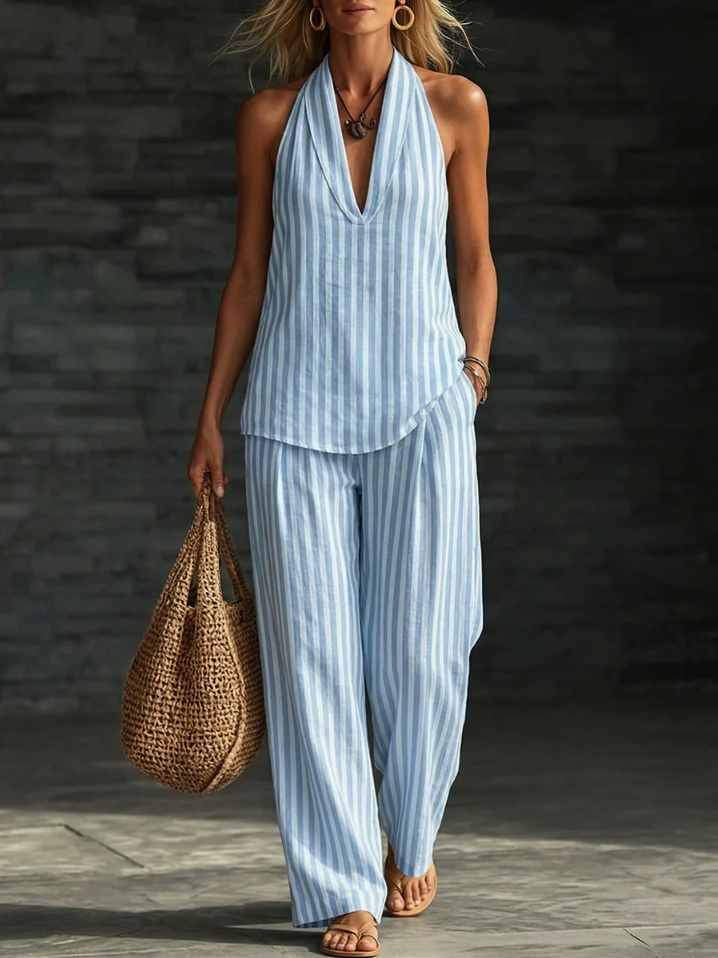 Striped Cotton Linen Halter Top & Pants Set