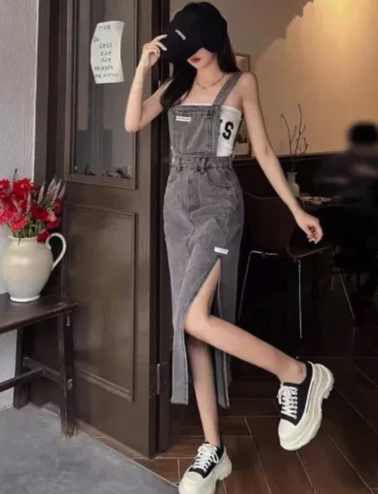  Side Slit Denim Overall Dress