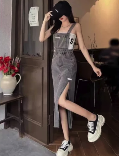  Side Slit Denim Overall Dress