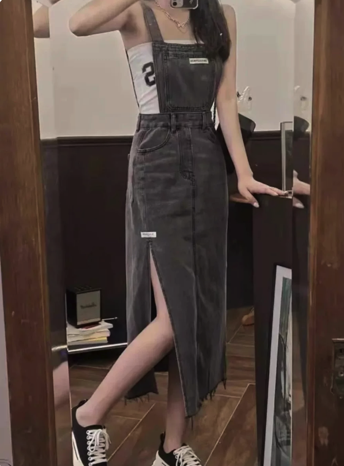 Medium Blue Side Slit Denim Overall Dress-J.ING
