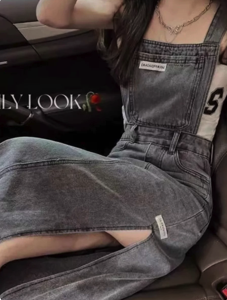  Side Slit Denim Overall Dress
