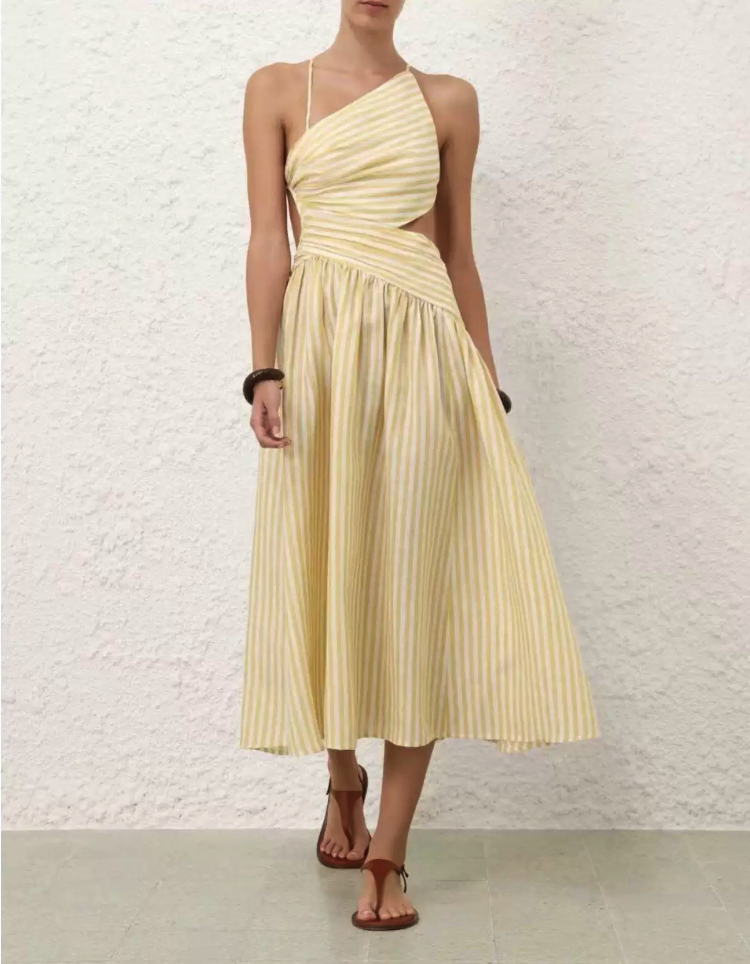 Striped Cut-Out Asymmetric Cami Maxi Dress