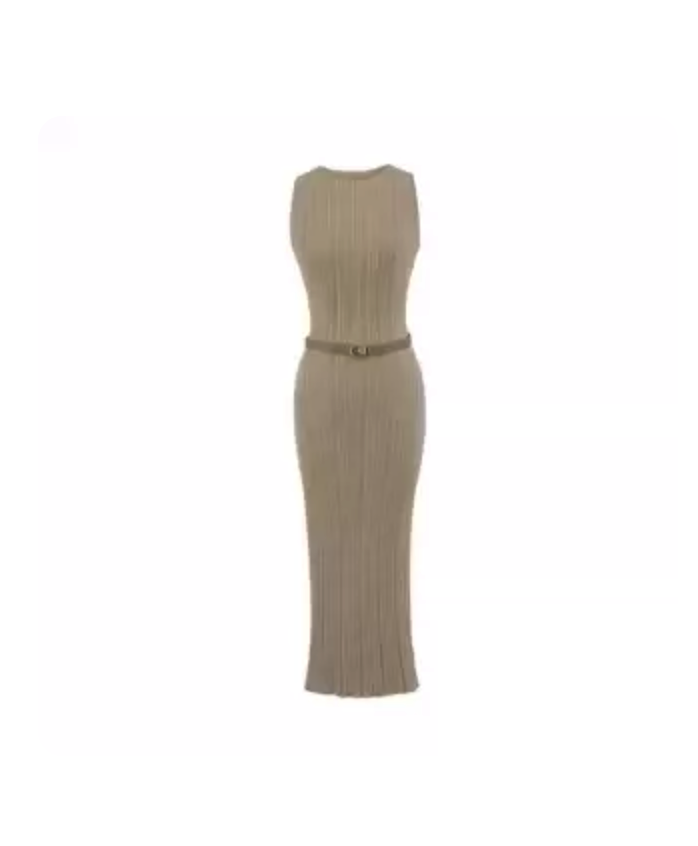 Contrast Trim Belted Rib Knit Dress