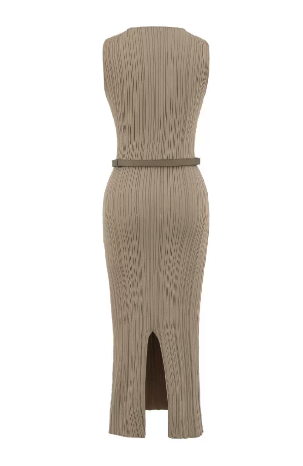 Contrast Trim Belted Rib Knit Dress