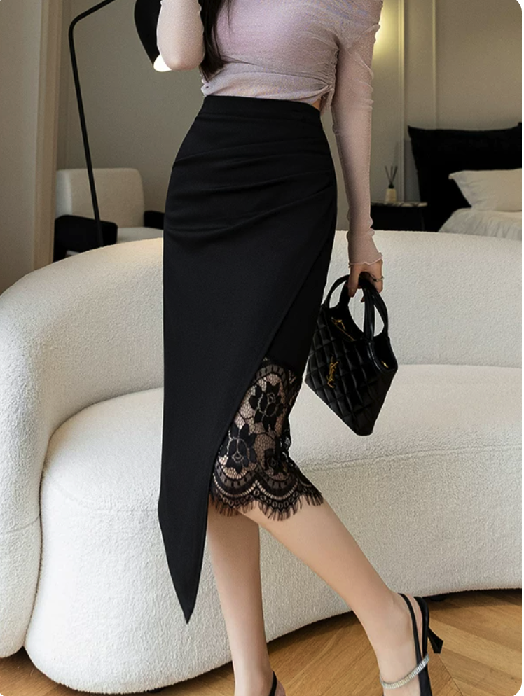 Suede Effect Lace-Slit Midi Skirt Set