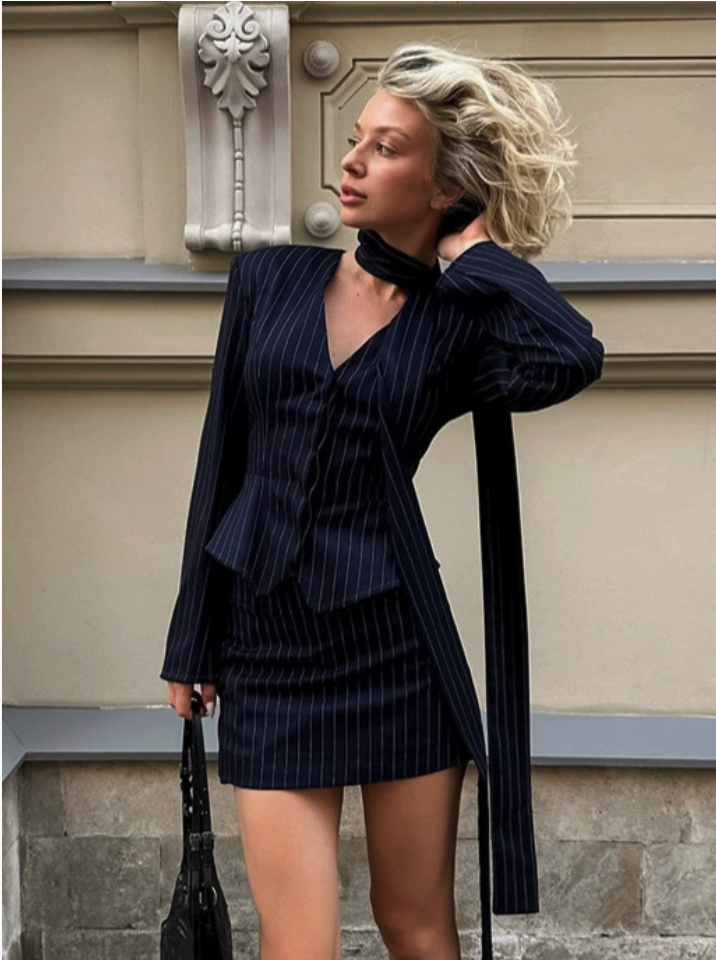 Pinstripe Bow‑Tie Blazer Mini Skirt Two‑Piece Set