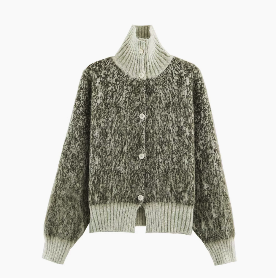 Marled Knit Collared Button‑Front Cardigan