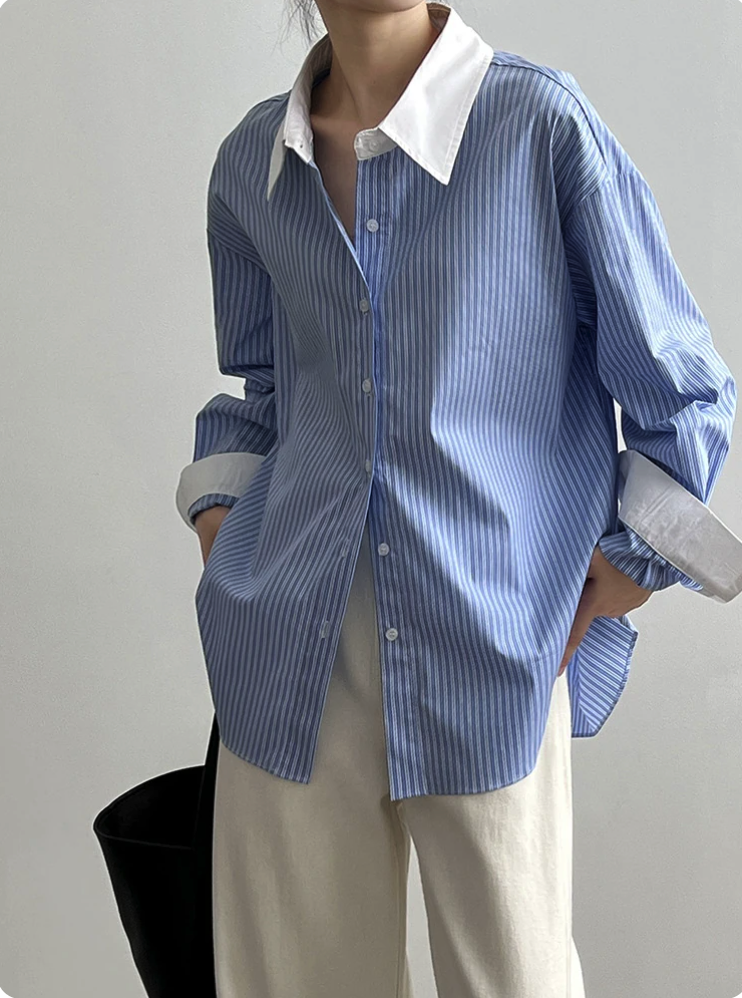 Contrast Piping Bow Neck Striped Blouse