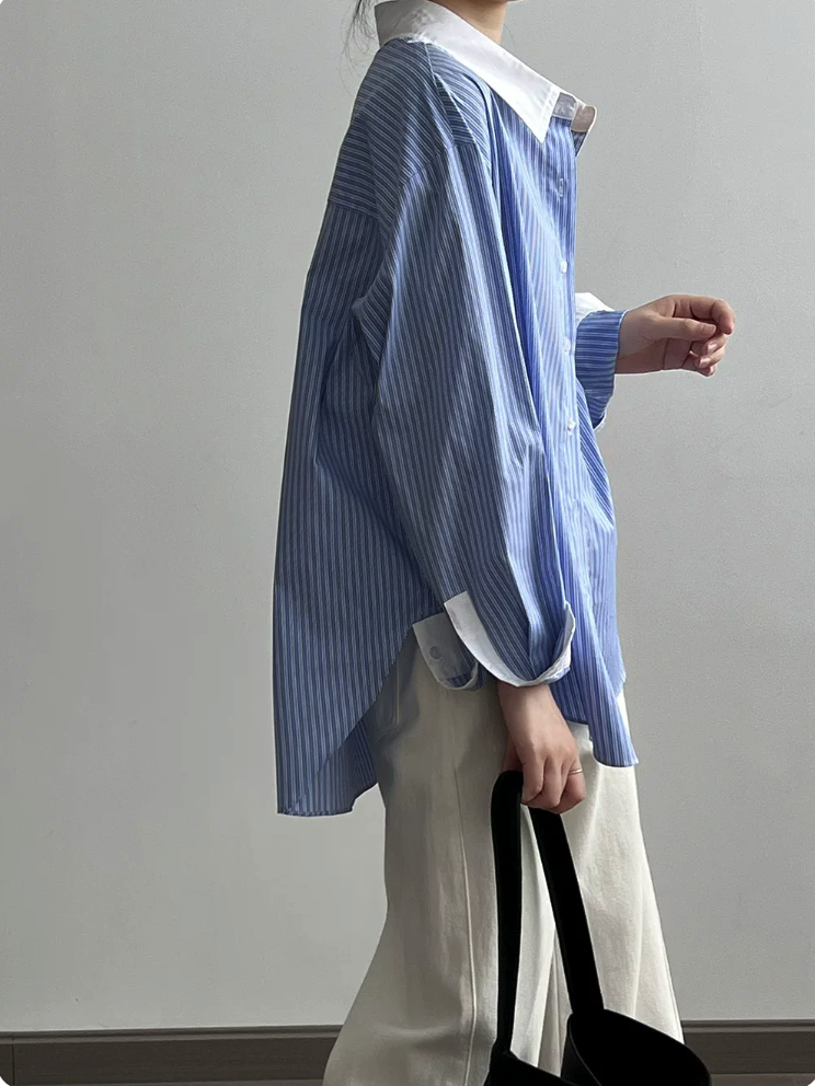 Contrast Piping Bow Neck Striped Blouse