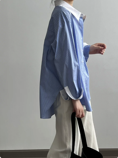 Contrast Piping Bow Neck Striped Blouse