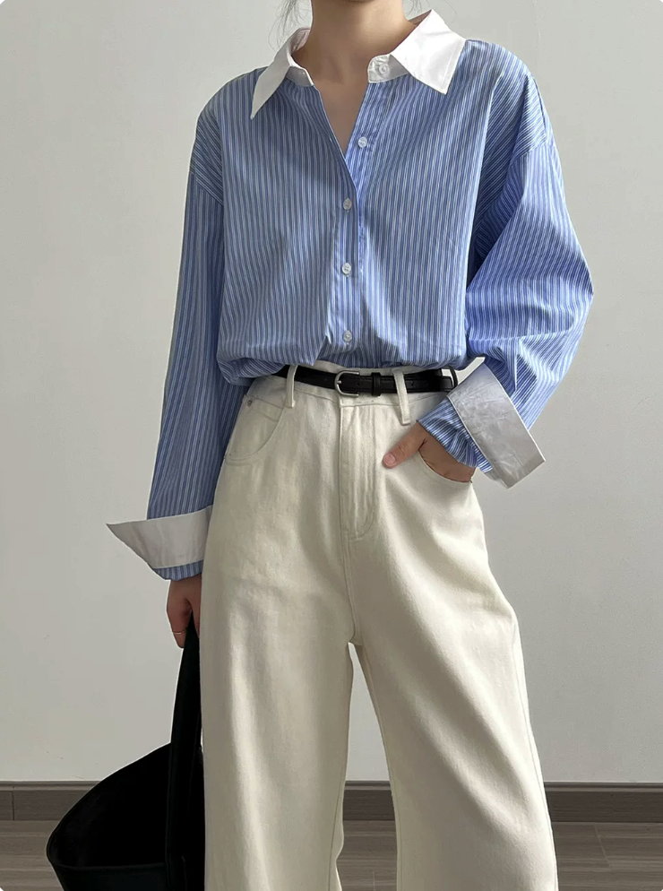 Contrast Piping Bow Neck Striped Blouse