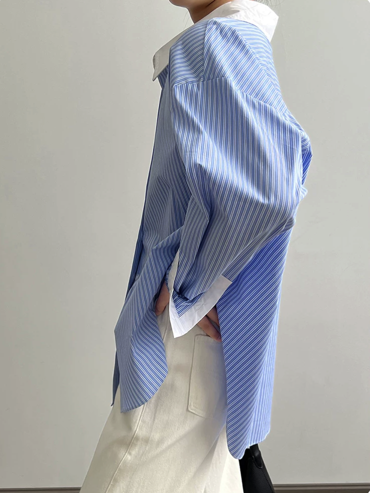 Contrast Piping Bow Neck Striped Blouse