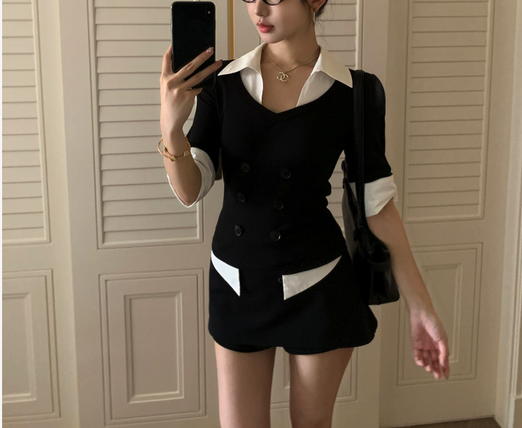 Fake Two‑Piece Double Breasted Long Sleeve Top