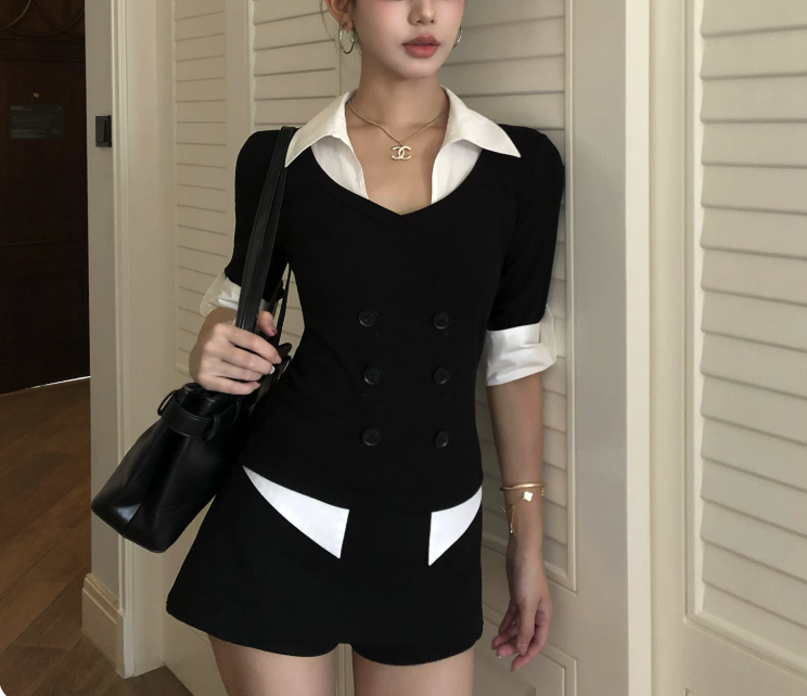 Fake Two‑Piece Double Breasted Long Sleeve Top