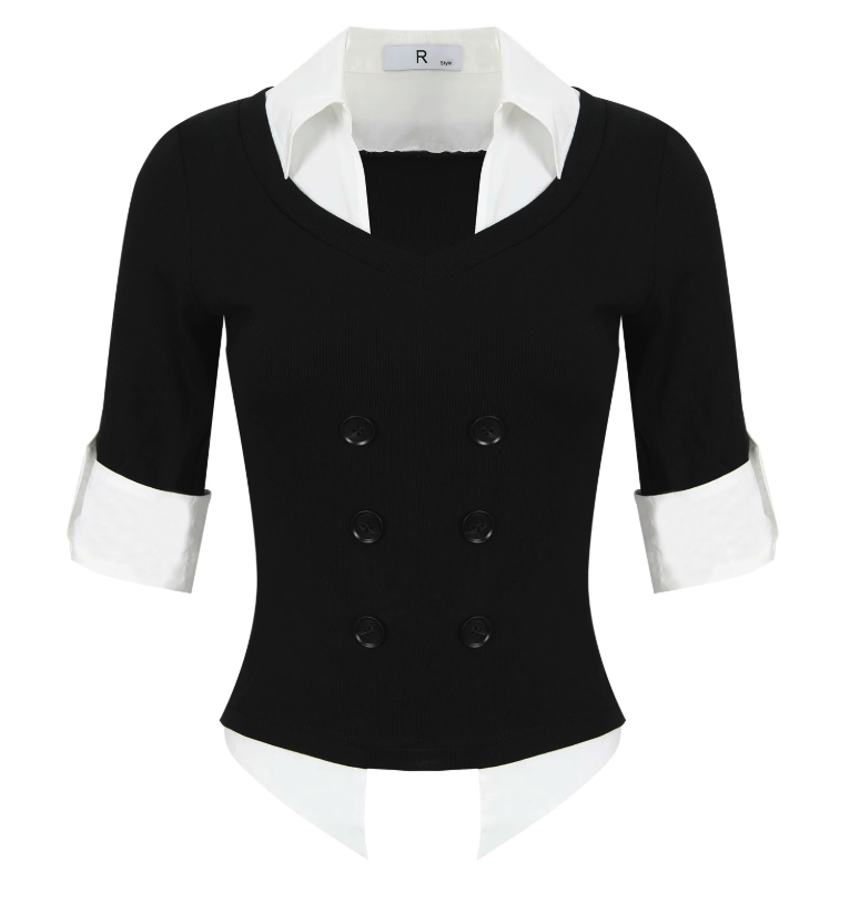 Fake Two‑Piece Double Breasted Long Sleeve Top