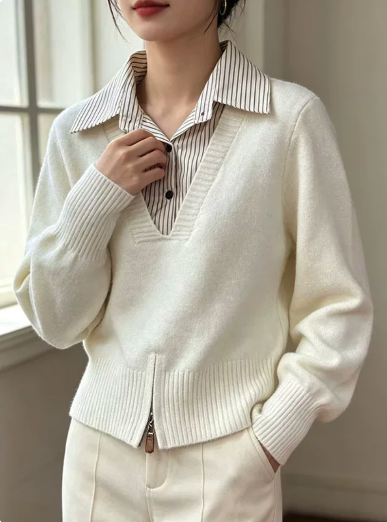 Striped Collar Fake Two Piece Puff Sleeve Top