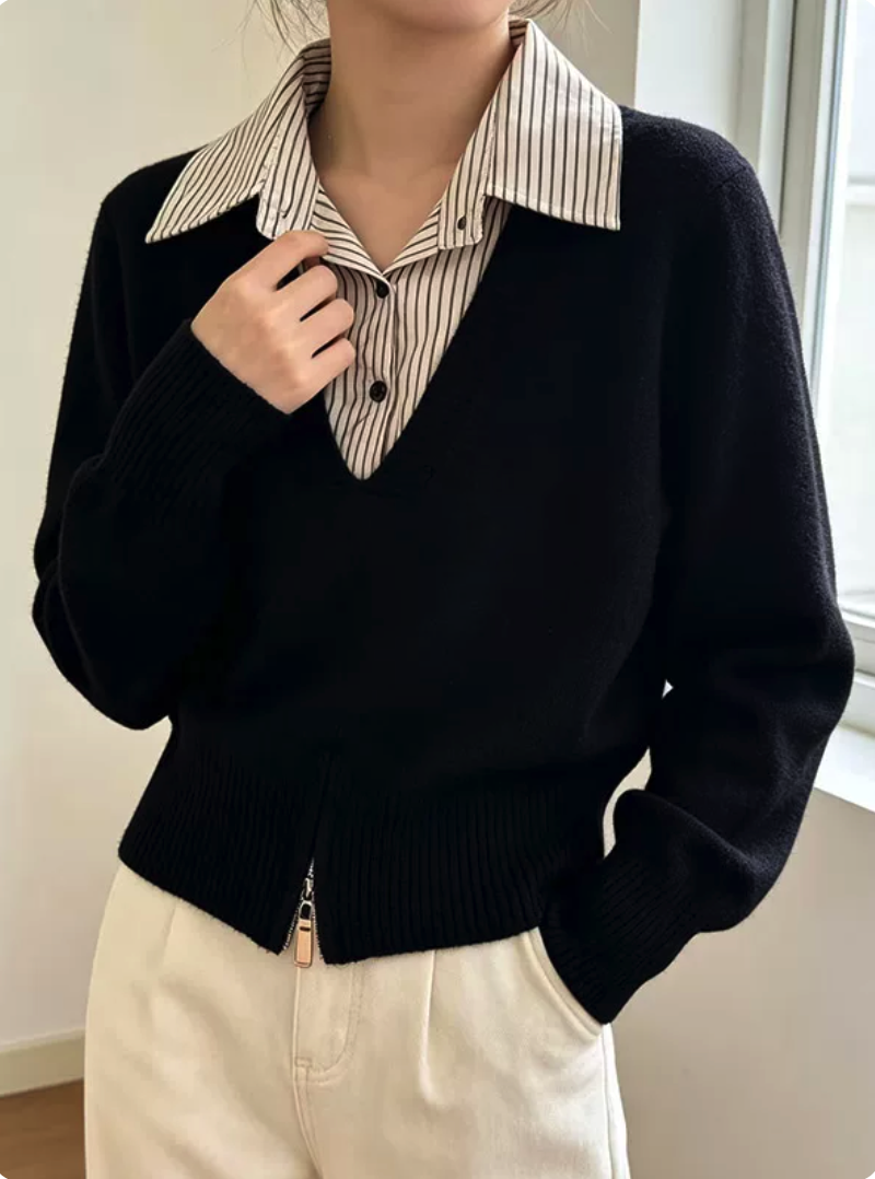 Striped Collar Fake Two Piece Puff Sleeve Top