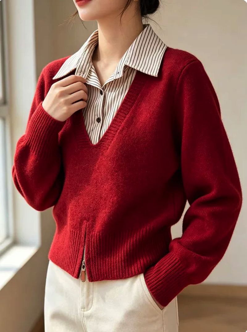 Striped Collar Fake Two Piece Puff Sleeve Top