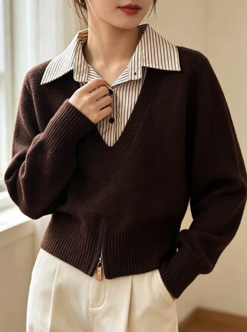 Striped Collar Fake Two Piece Puff Sleeve Top