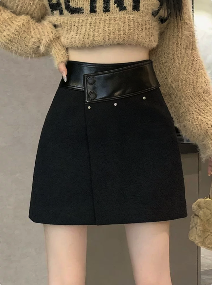 Faux Leather Waistband A-Line Skirt