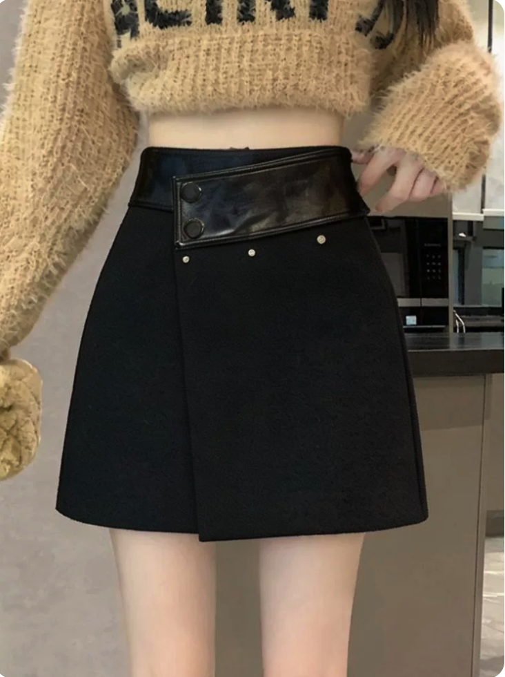 Faux Leather Waistband A-Line Skirt