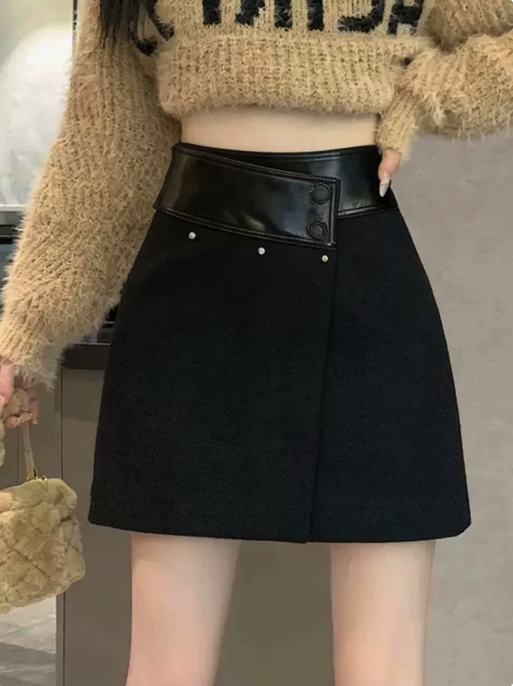 Faux Leather Waistband A-Line Skirt