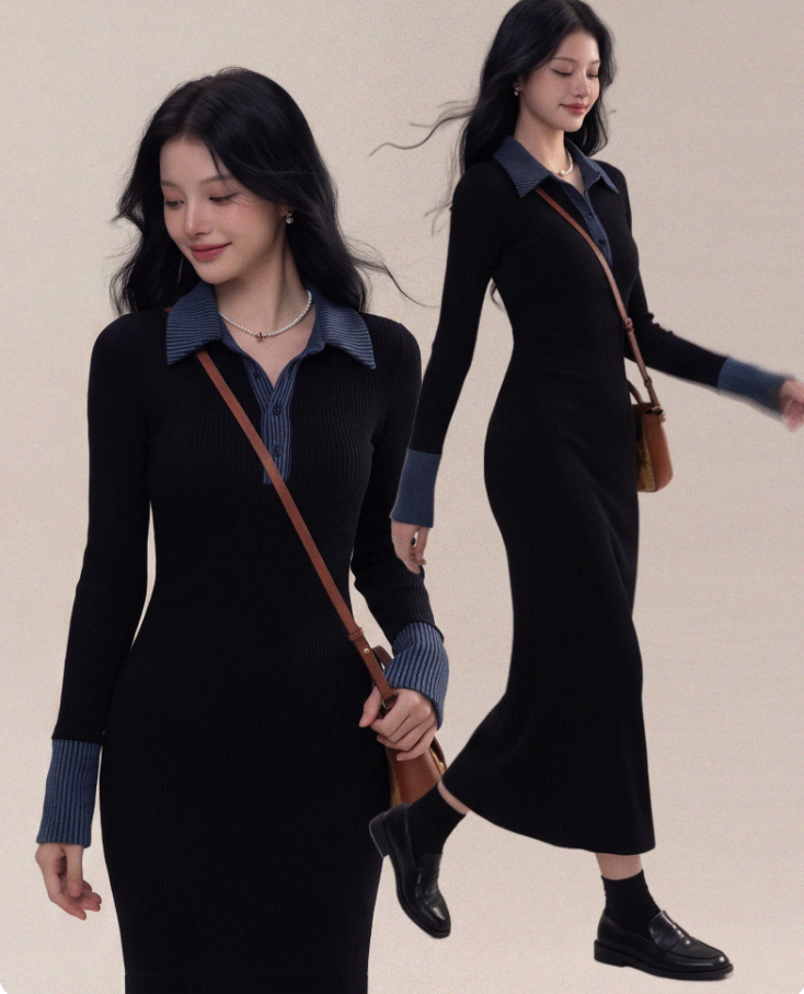 Denim Collar Knit Dress