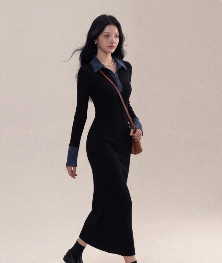 Denim Collar Knit Dress