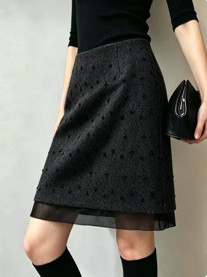Heavy Beaded Wool Modal Woolen Skirt
