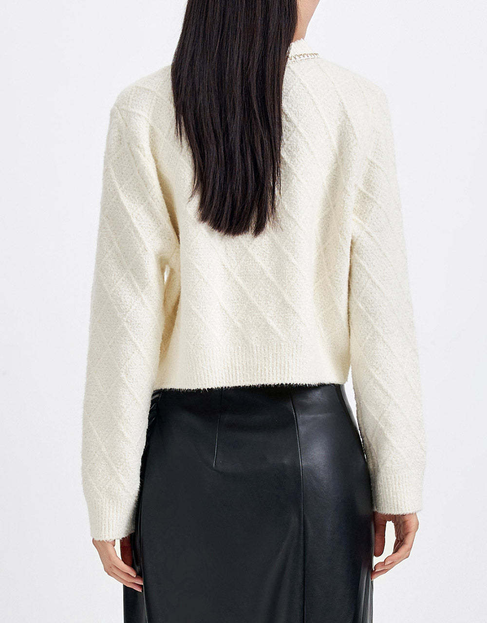 Fluffy Contrast Trim Faux Pearl Button Cardigan